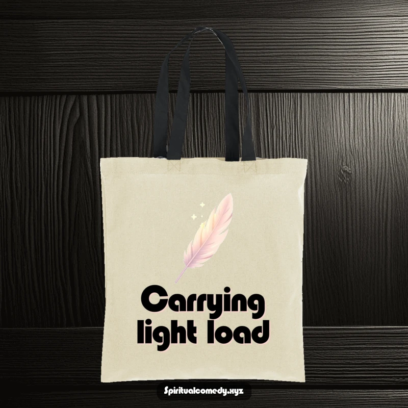 Funny tote bag with a single, elegantly drawn feather descending gently through soft diffused light, an elegant accessory.